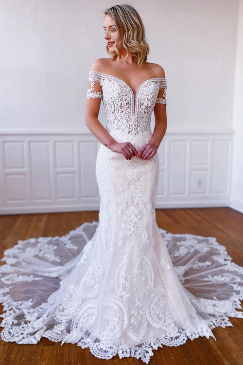 Wholesale Elegant Mermaid Off-the-Shoulder Short Sleeves Long White Lace Bridal Dress