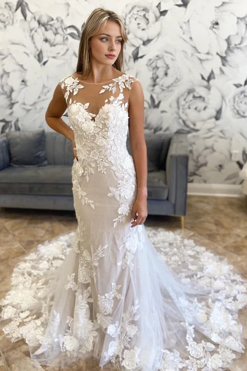 Wholesale Elegant White Illusion Neck Appliques Mermaid Long Wedding Dress