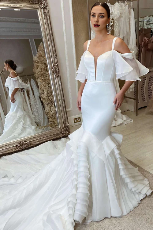 Wholesale Elegant White Spaghetti Straps Mermaid Sweetheart Long Wedding Dress