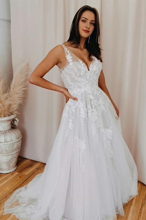 Wholesale Elegant A-Line V Back Long White Wedding Dress with Lace Appliqued