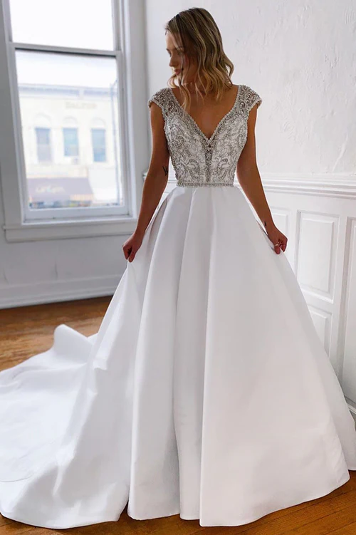 Wholesale Elegant A-Line V-Neck Long White Wedding Dress with Silver Beads