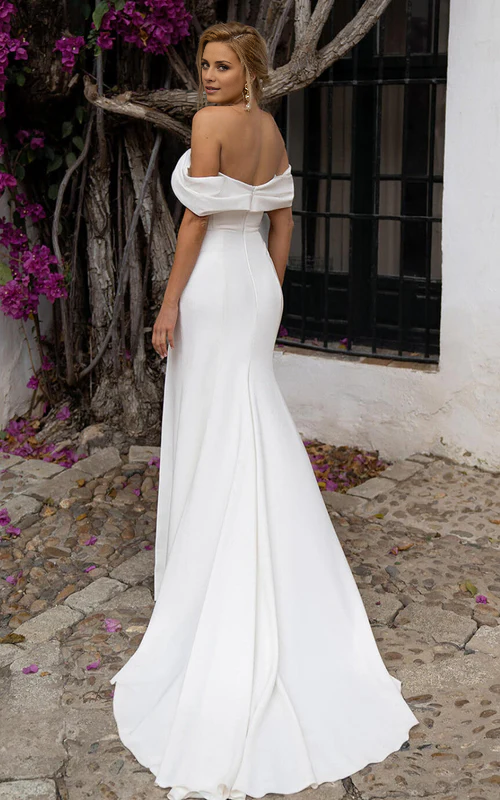 Wholesale Elegant Mermaid Satin Off-the-Shoulder Sheath Wedding Dress with Zipper and Slit