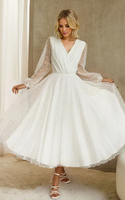 Wholesale Elegant A-Line Tulle White Tea-Length Long Sleeve Wedding Dress