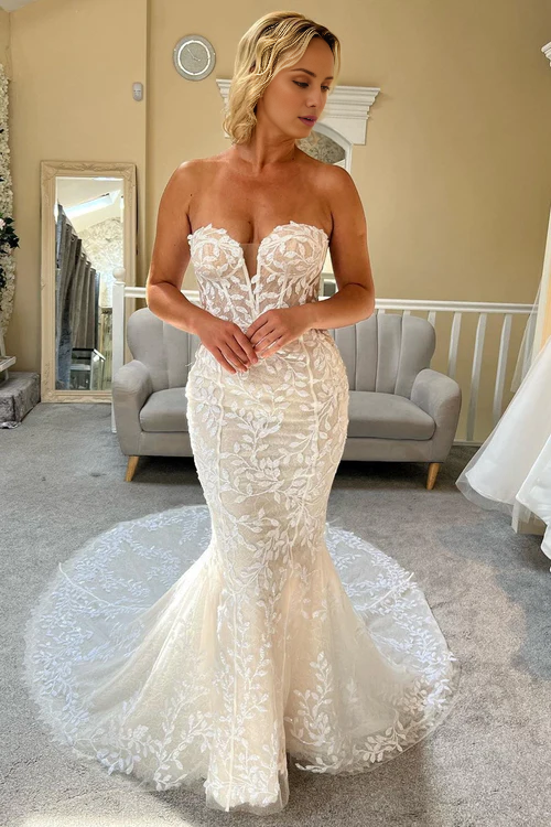 Wholesale Elegant Ivory Lace Strapless Mermaid Long Wedding Dress