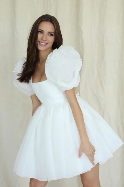 Wholesale Elegant A-Line Square-Neck Short Wedding Dress With Puffy Pearls Sleeves