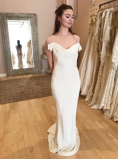 Wholesale Elegant White Spaghetti Straps Long Sheath Satin Wedding Dresses