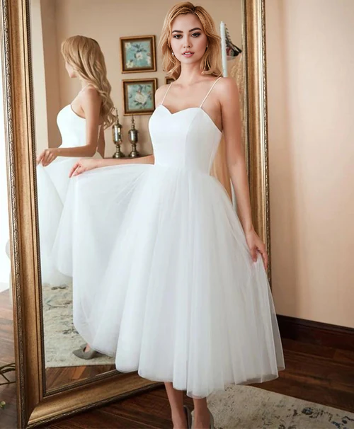 Wholesale Elegant A-Line Spaghetti Straps White Satin Tulle Tea-Length Wedding Dresses