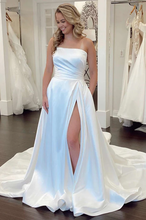 Wholesale Elegant Mermaid White Satin Strapless A-Line Wedding Dress with Slit