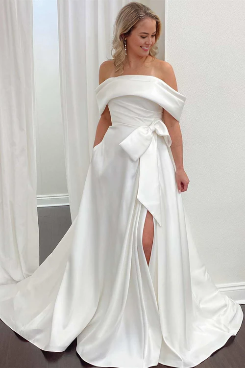 Wholesale Elegant White Satin Off-the-Shoulder Bow A-Line Wedding Dress with Slit