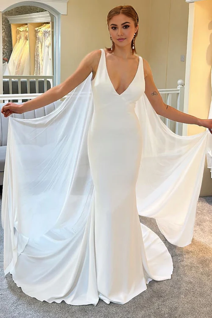 Wholesale Elegant White Plunge V Mermaid Long Wedding Dress with Detachable Cape