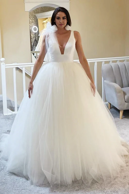 Wholesale Elegant A-Line White Tulle Plunge V Open Back Wedding Dress