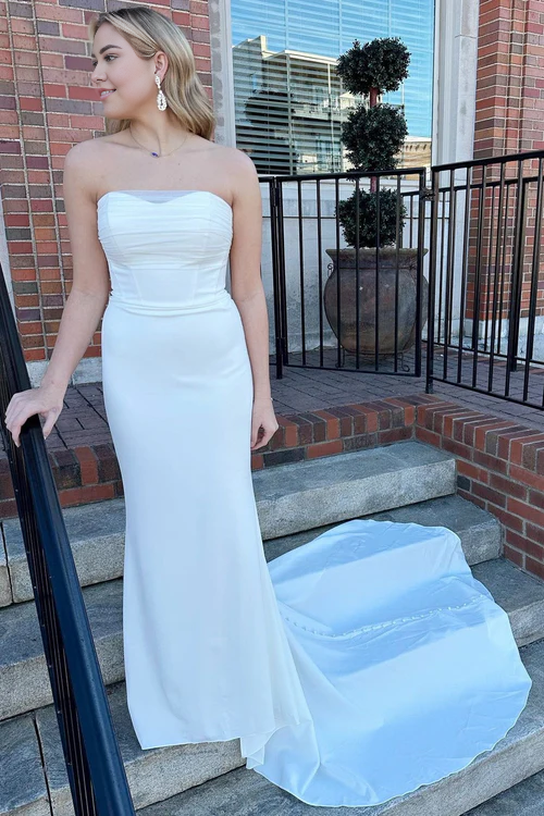 Wholesale Elegant White Satin Strapless Mermaid Long Wedding Dress