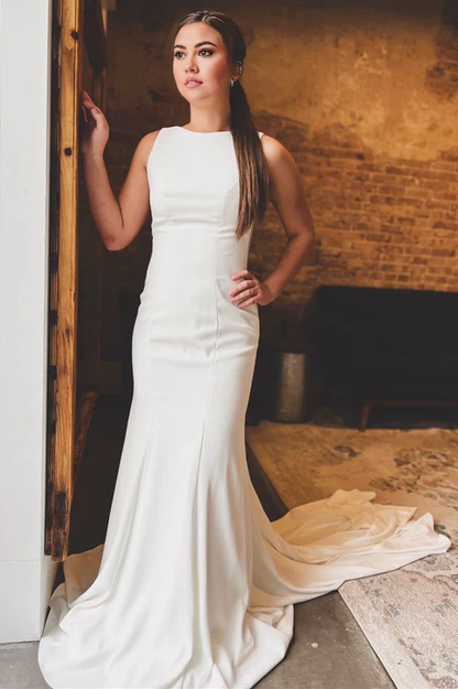 Wholesale Elegant White Satin Bateau Open Back Mermaid Long Wedding Dress