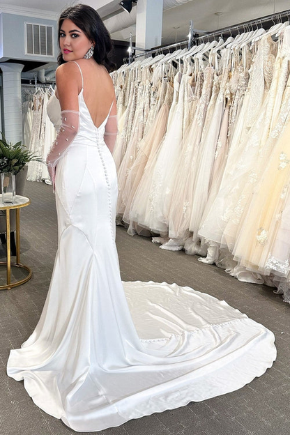 Wholesale Elegant White Cowl Neck Covered Button Back Mermaid Long Wedding Dress