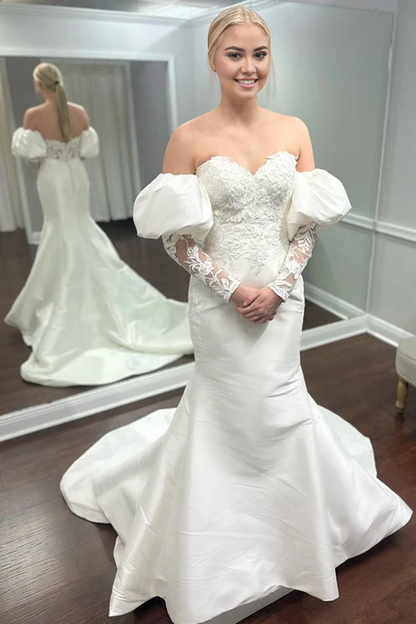 Wholesale White Appliques Off-the-Shoulder Mermaid Wedding Dress with Detached Sleeves