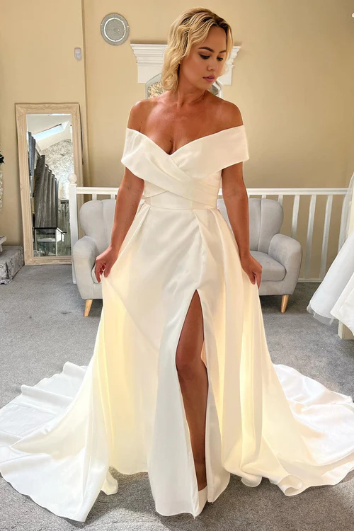 Wholesale Elegant Satin White Off-the-Shoulder Long Wedding Dress with Slit