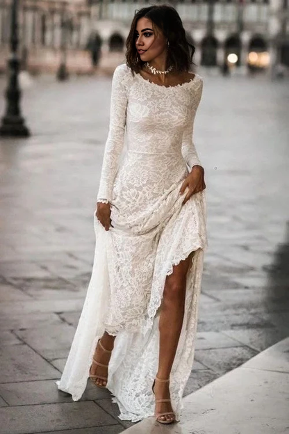 Aimishang Elegant Long Sleeves Wedding Dresses with Sweep Train Charming Bridal Gown