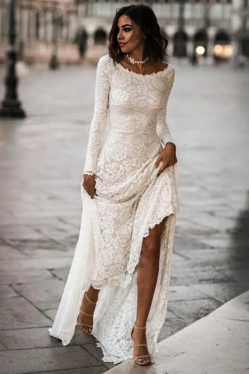 Wholesale Elegant Full Sleeves Ivory Wedding Dresses with Sweep Train