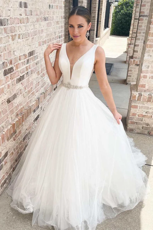 Wholesale Elegant White V-Neck A-Line Long Wedding Dress with Sashes