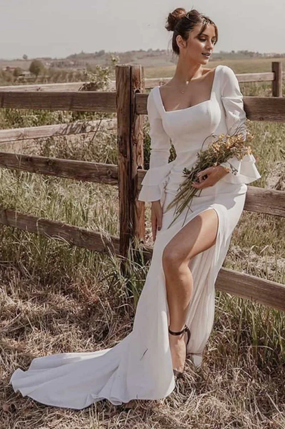 Wholesale Elegant White Square Neck Long Sleeve Long Wedding Dress with Slit