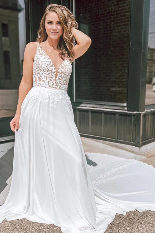 Wholesale Elegant White Appliques Plunge V Open Back Long Wedding Dress