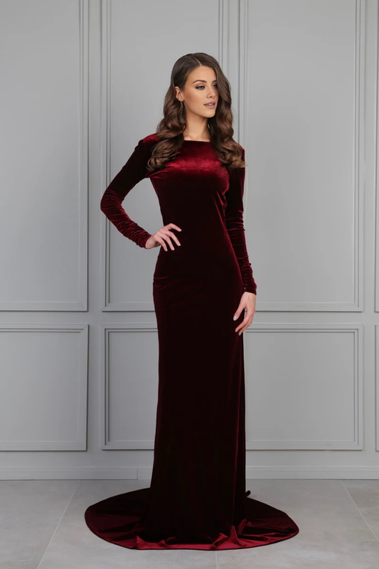 Wholesale Dark Burgundy Bridesmaid Velvet Dress Mermaid Maxi Open Back Train Dress