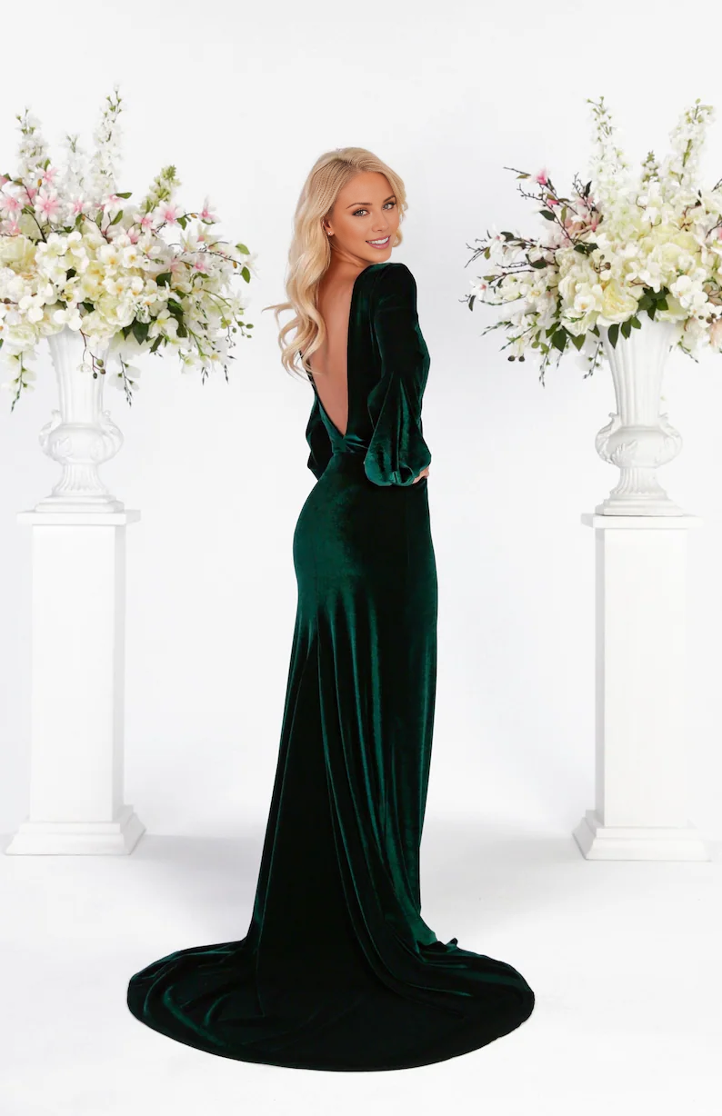 Wholesale Dark Green Bridesmaid Velvet Dress Mermaid Maxi Open Back Train Dress