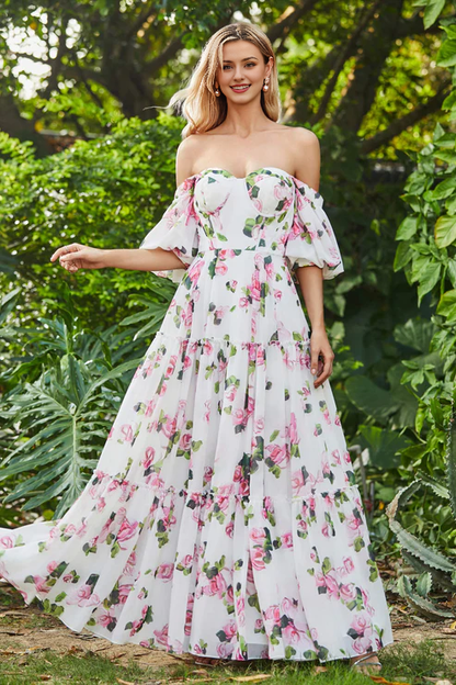 Wholesale Elegant Prom Dresses Off Shoulder Flowers Ruffled Chiffon Long Dress