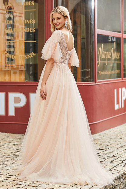 Wholesale Fashion Prom Dresses Flutter Sleeves Beaded A-Line Tulle Long Evening Dress