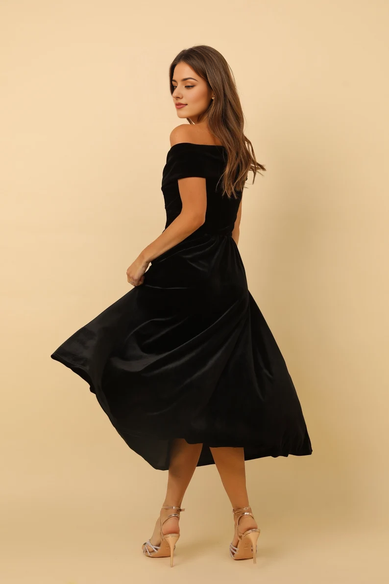 Wholesale Elegant Black Prom Dresses Velvet Dress Midi Dress Evening Dress