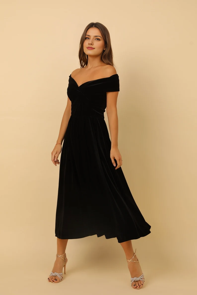 Wholesale Elegant Black Prom Dresses Velvet Dress Midi Dress Evening Dress