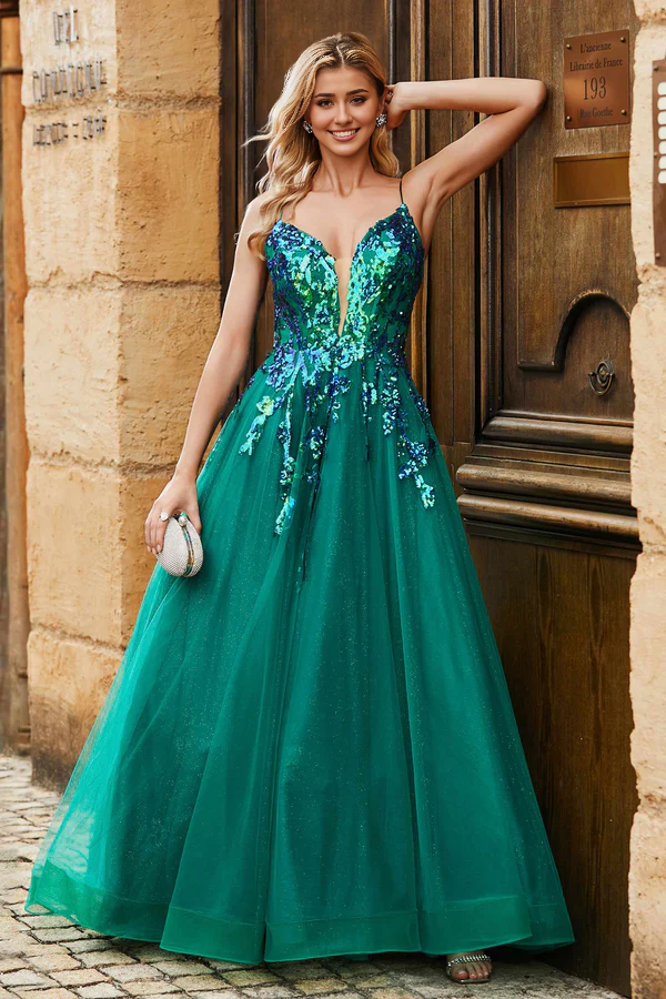 Wholesale Fashion Prom Dresses Plunging V-neck Evening Dress Sparkle Sequins A-Line Tulle Dress