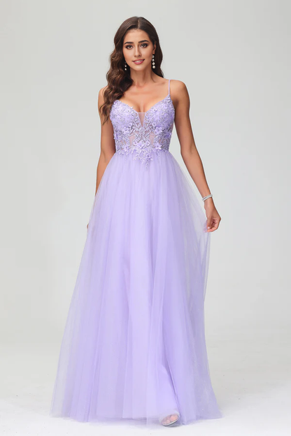 Wholesale Elegant Prom Dresses See-through V Neck Evening Dress Rhinestone Tulle Applique Long Dress