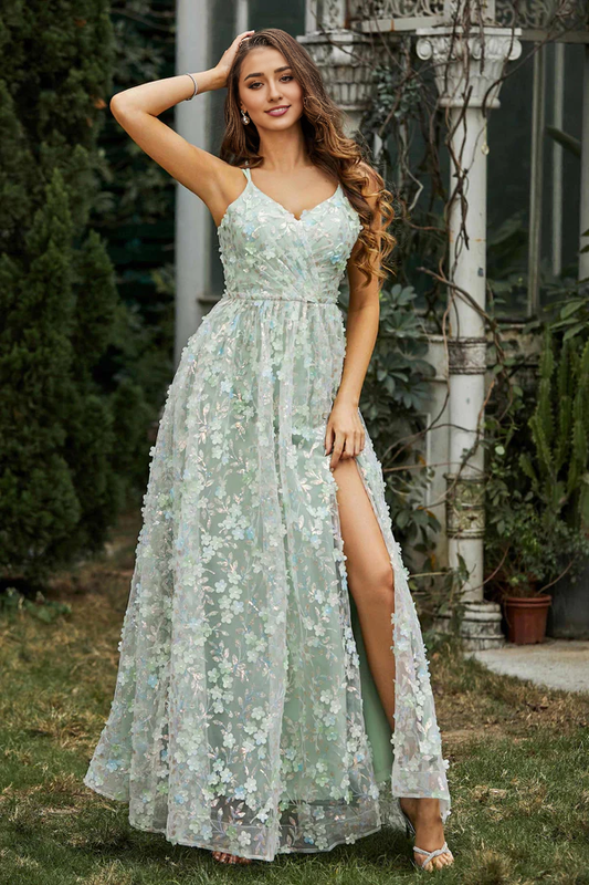 Wholesale Fashion Flowers Prom Dresses A-Line Evening Dress Lace Dress With Slit