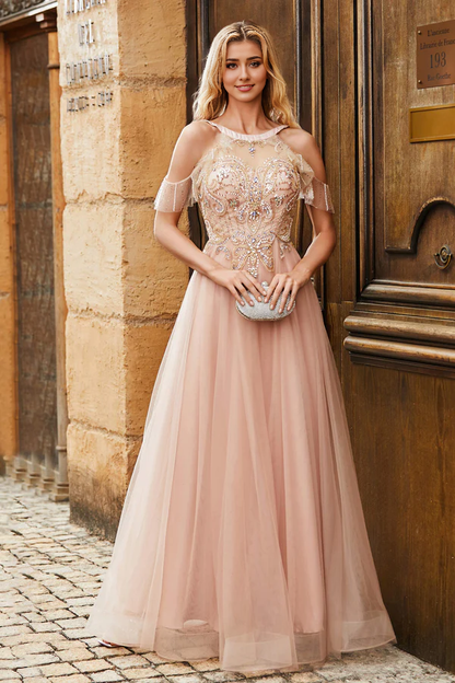 Wholesale Elegant Prom Dresses Jewel Rhinestone A-Line Evening Dress Tulle Long Dress