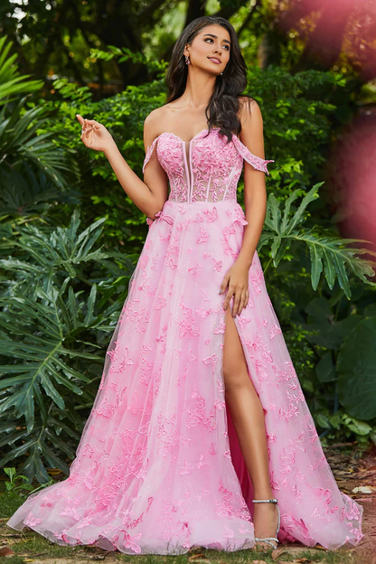 Wholesale Elegant Prom Dresses Strapless Butterfly Applique Sweep Train Gown With Slit