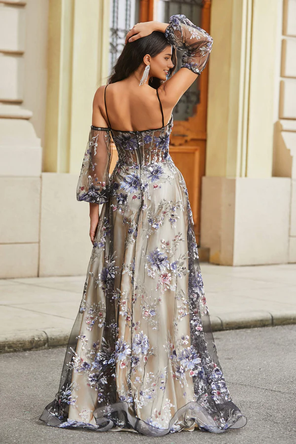 Wholesale Fashion Evening Dress Floral Sequins Ruched Satin A-Line Tulle Dress Prom Dresses