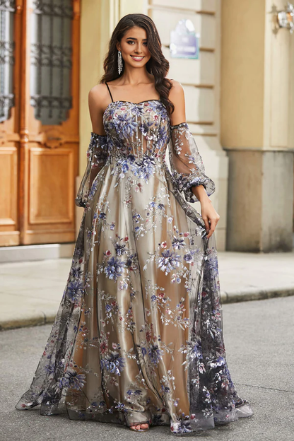 Wholesale Fashion Evening Dress Floral Sequins Ruched Satin A-Line Tulle Dress Prom Dresses