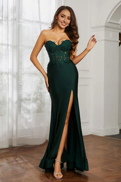 Wholesale Dark-Green Fashion Evening Dress Sweetheart Applique Floor-Length Dress Prom Dresses