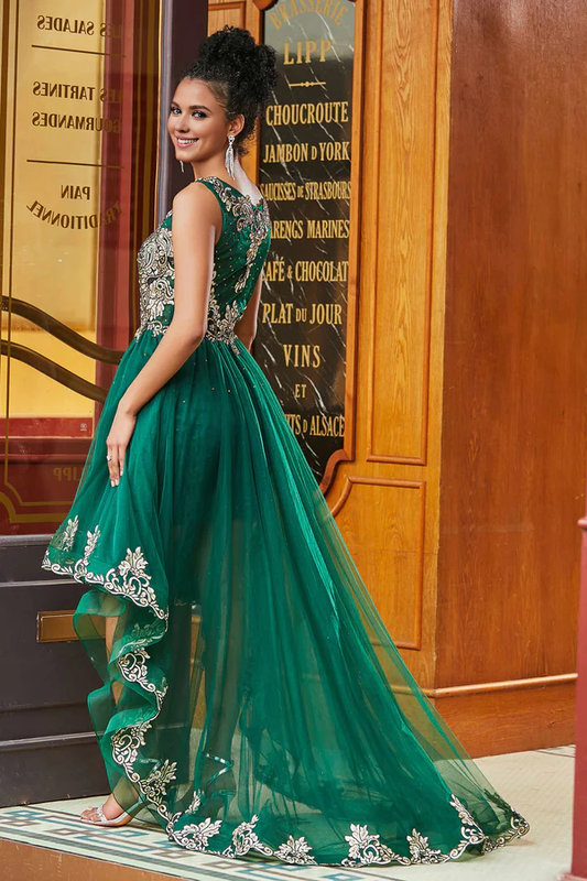 Wholesale Fashion Dark-Green Evening Dress Asymmetrical Rhinestone Applique A-Line Prom Dresses Tulle Dress