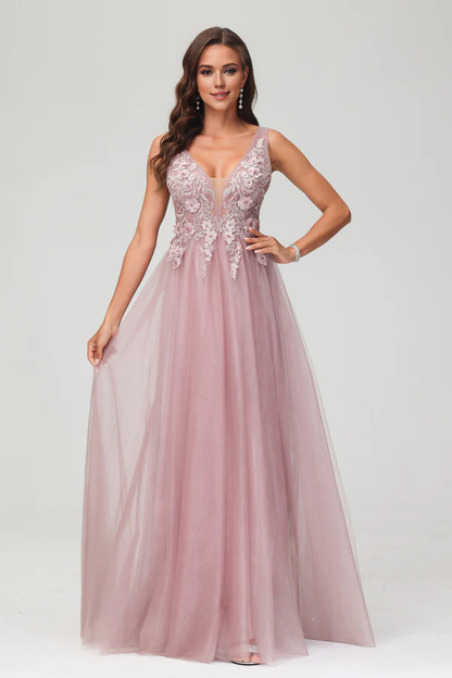 Wholesale A Line Prom Dresses Applique V Neck Evening Dress Beaded Tulle Floor Length Dress