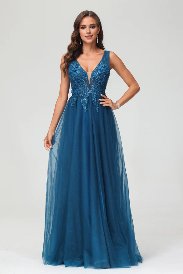 Wholesale A Line Prom Dresses Applique V Neck Evening Dress Beaded Tulle Floor Length Dress