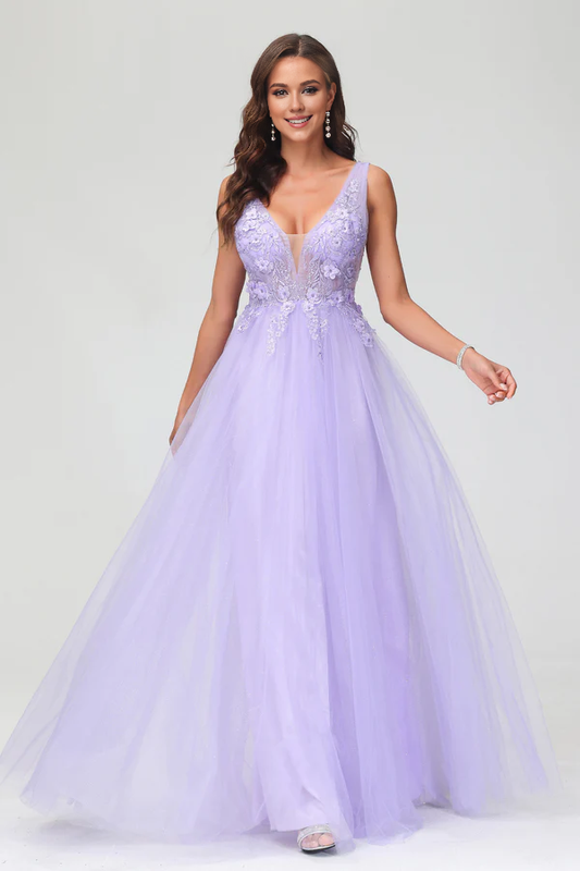 Wholesale A Line Prom Dresses Applique V Neck Evening Dress Beaded Tulle Floor Length Dress