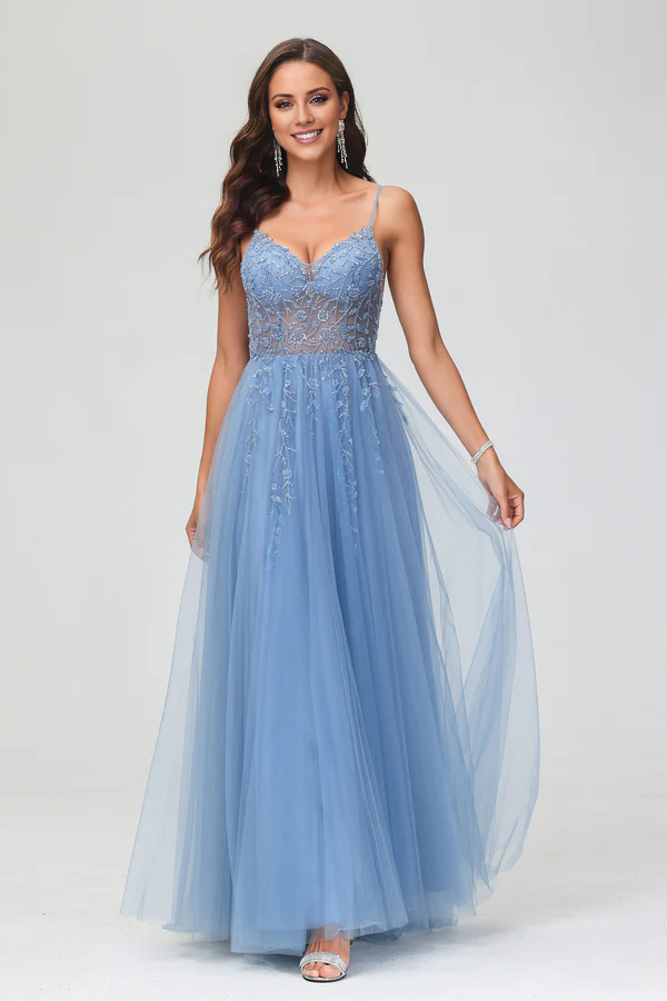 Wholesale Fashion Prom Dresses Spaghetti Straps A-Line Tulle Sweep Train Dress With Slit Evening Dress