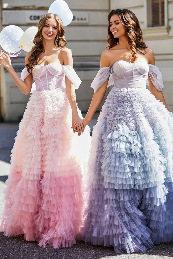 Wholesale Elegant Prom Dresses Lace Up Back Ruffle Tiered Tulle Gown Evening Dress