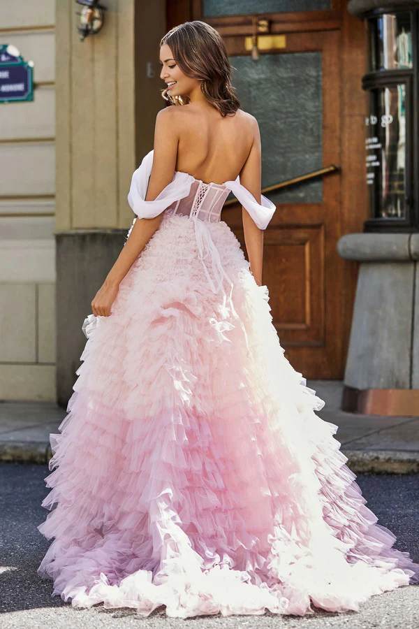 Wholesale Elegant Prom Dresses Lace Up Back Ruffle Tiered Tulle Gown Evening Dress