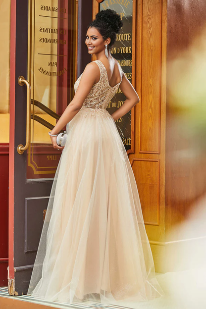 Wholesale Elegant Evening Dress Scoop Neck Applique A-Line Prom Dresses Tulle Long Dress