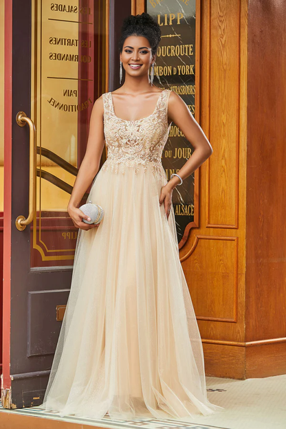 Wholesale Elegant Evening Dress Scoop Neck Applique A-Line Prom Dresses Tulle Long Dress