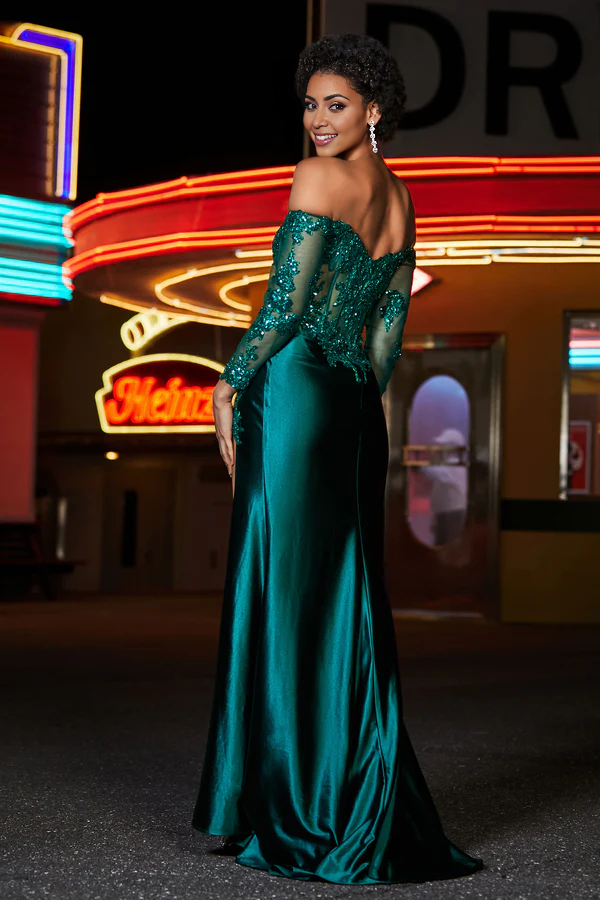 Wholesale Elegant Dark-Green Prom Dresses Beaded Bodice High Slit Stretch Satin Gown Evening Dress