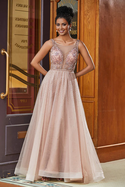 Wholesale Elegant Dusty-Rose Evening Dress Beaded Rhinestone A-Line Floor-Length Prom Dresses